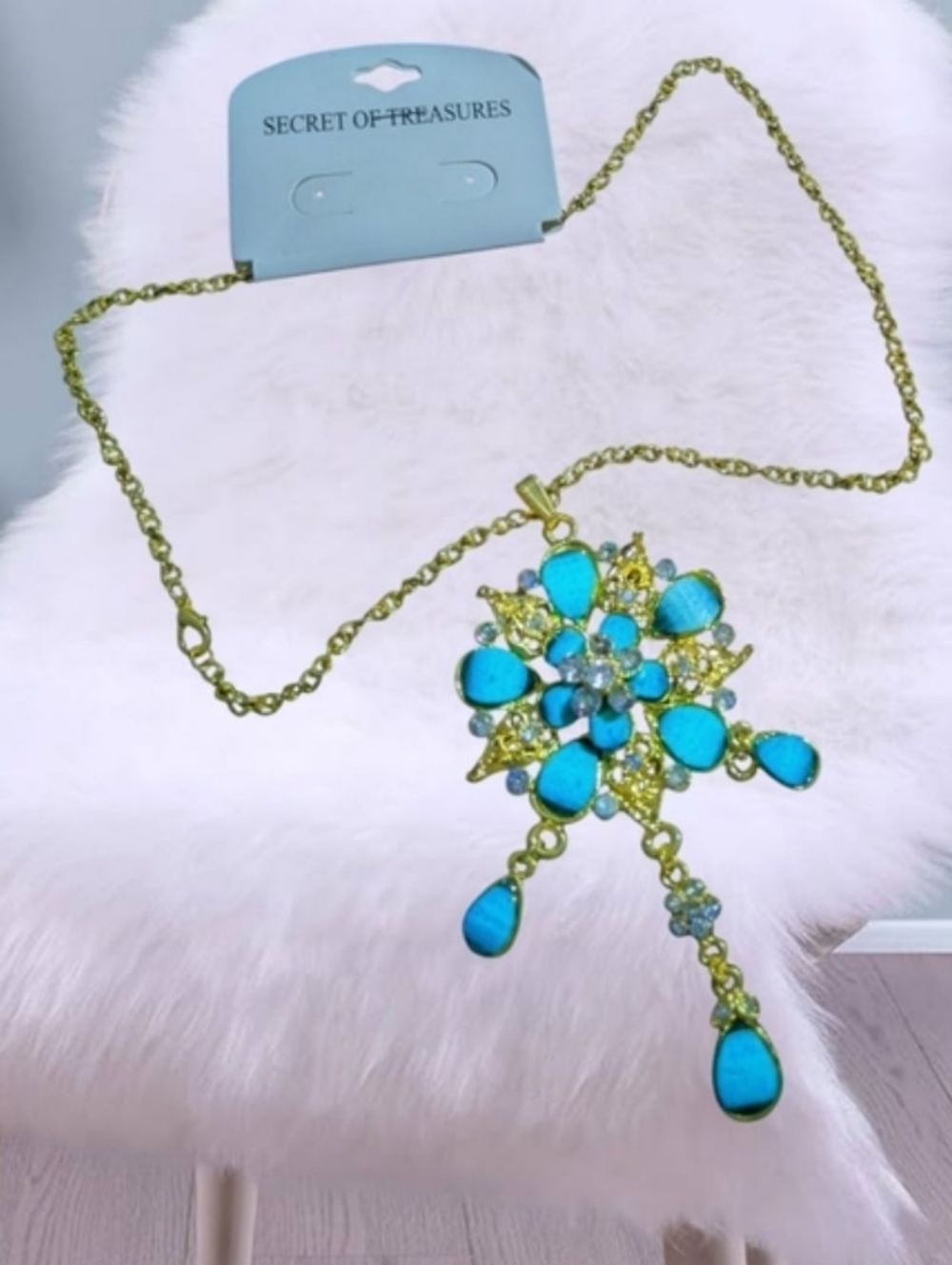 Secret of Treasures Gold Tone Necklace with Faux Blue Turquoise